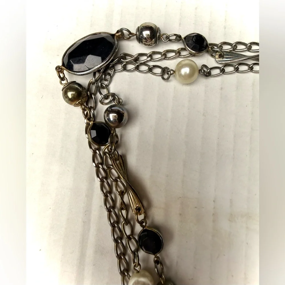 Multi Strand Chain Faux Pearl Black Stones Necklace Tiered Silver‎ Tone